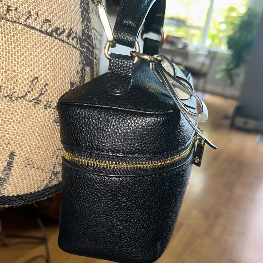 Nanette Lepore Black Zoey Train Case Crossbody Bag with White Bow Accent